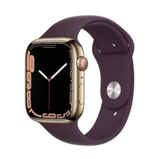Apple Watch Series 7 45MM Stainless Steel GPS + Cellular - Gold Stainless Steel Case with Dark Cherry Sport Band (MKJX3)